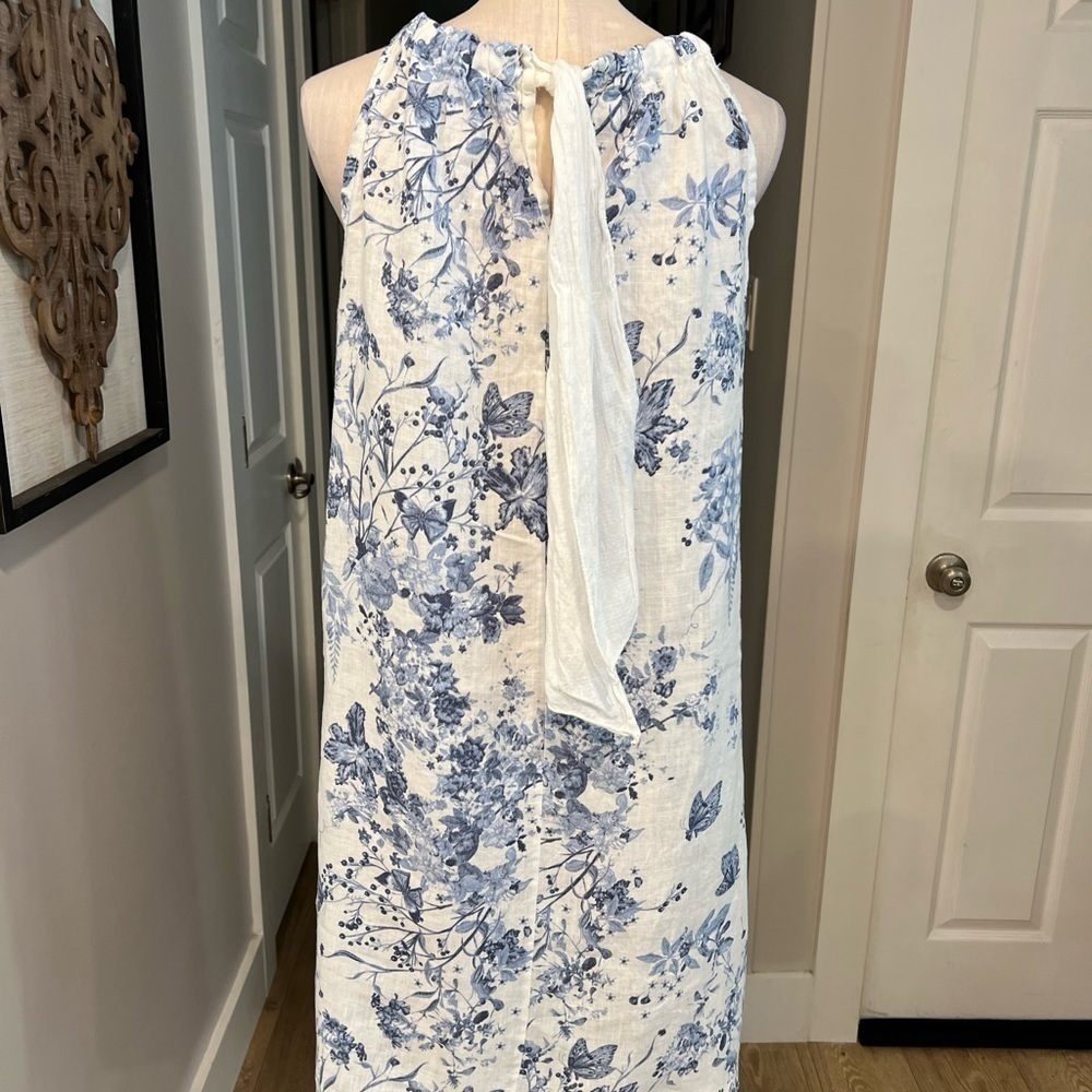 BELLAMBRA NWOT white linen halter mini dress with soft blue botanical print - Picture 10 of 15